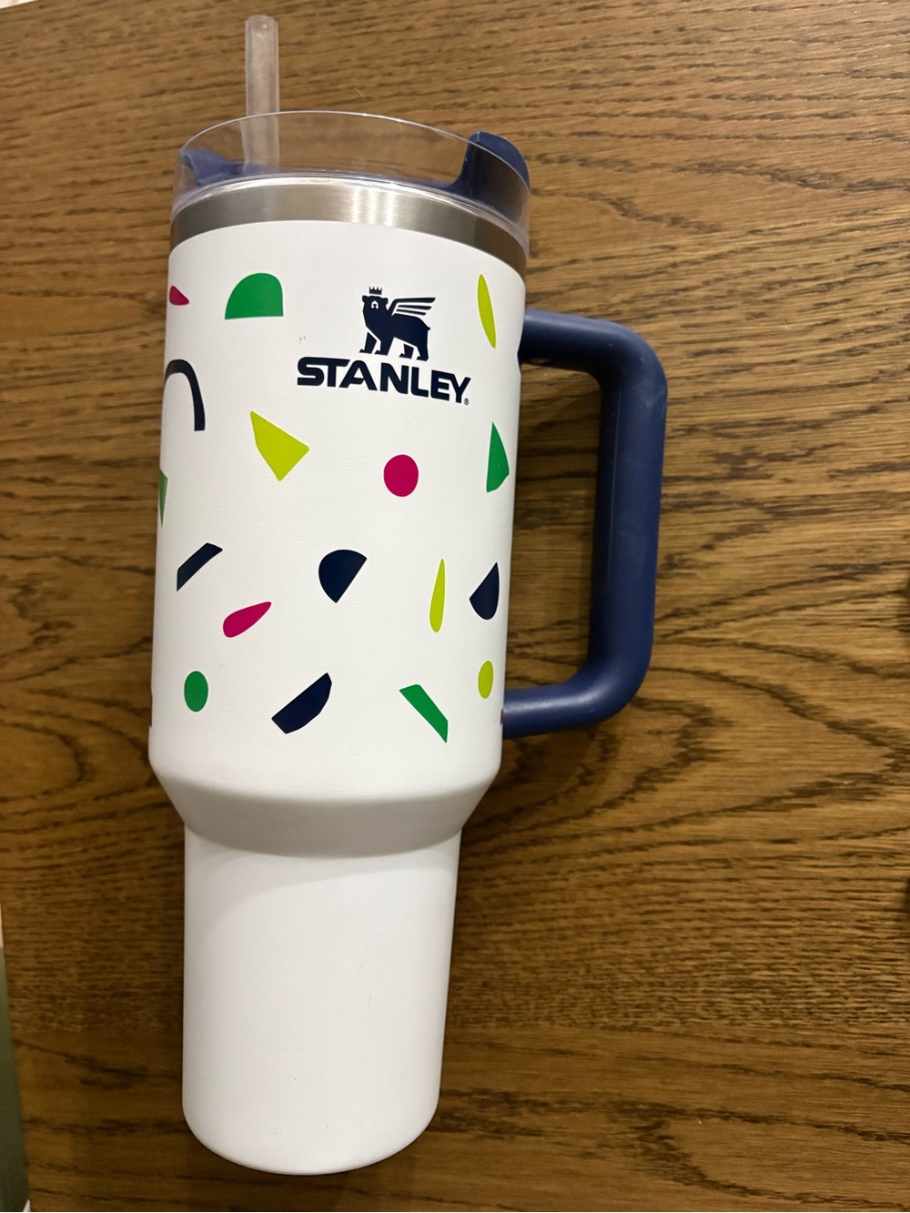 Stanley White Travel Tumbler with Navy Handle and Multicolor Confetti